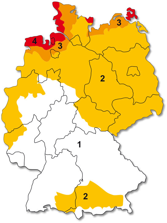 Figure 1 : Carte des zones de vent selon la norme DIN 1055-4:2005-03, annexe A